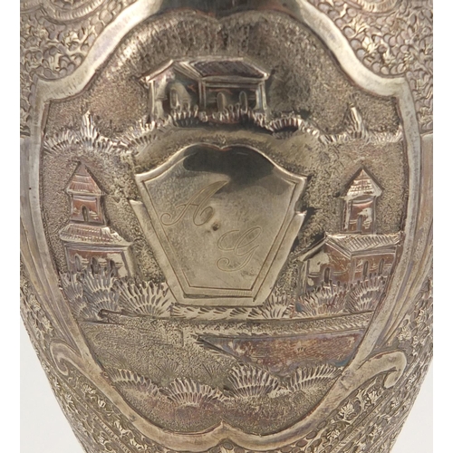 372 - Indian silver twin handled trophy, engraved Eastbourne in Bloom, place of worship in memory of Tony ... 