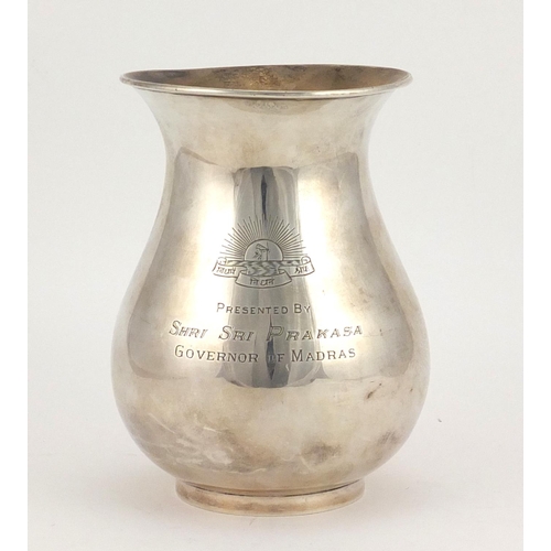 549 - Indian silver vase, engraved Presented by Shri Sri Prakasa Governor on Madras, impressed marks to th... 