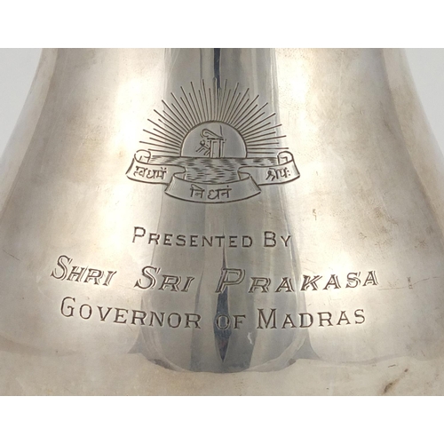 549 - Indian silver vase, engraved Presented by Shri Sri Prakasa Governor on Madras, impressed marks to th... 