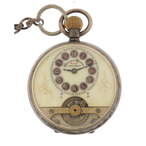 699 - Gentleman's silver Hebdomas eight day pocket watch with enamel dial, the movement marked Spiral Bere... 