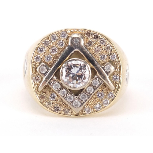 583 - Heavy unmarked gold and diamond Masonic ring (tests as 14ct), size S, approximate weight 24.8g
