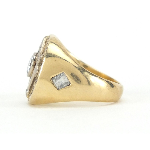 583 - Heavy unmarked gold and diamond Masonic ring (tests as 14ct), size S, approximate weight 24.8g