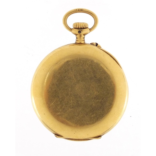 703 - Ladies 18ct gold pocket watch with subsidiary dial, the case numbered 2039832, 3.3cm in diameter, ap... 