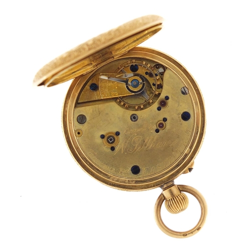 705 - Ladies W Giltham 18ct gold pocket watch with gilt dial, the case numbered 61801, 3.6cm in diameter, ... 