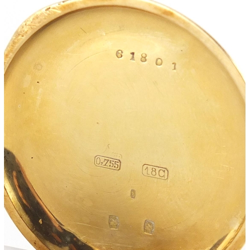 705 - Ladies W Giltham 18ct gold pocket watch with gilt dial, the case numbered 61801, 3.6cm in diameter, ... 