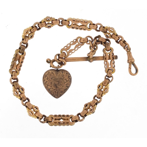 622 - Victorian 9ct rose gold watch chain with gilt metal love heart locket, the chain 30cm in length, app... 