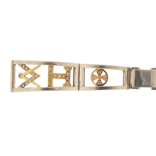 686 - Unmarked white and yellow metal diamond Masonic watch strap, 14cm in length, approximate weight 24.2... 