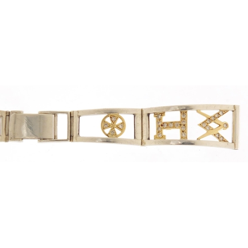 686 - Unmarked white and yellow metal diamond Masonic watch strap, 14cm in length, approximate weight 24.2... 