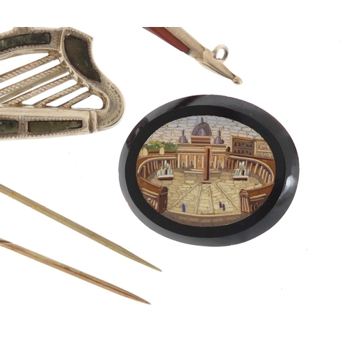 630 - Antique and later jewellery including a micro mosaic brooch of Colosseum Rome, two Scottish hardston... 