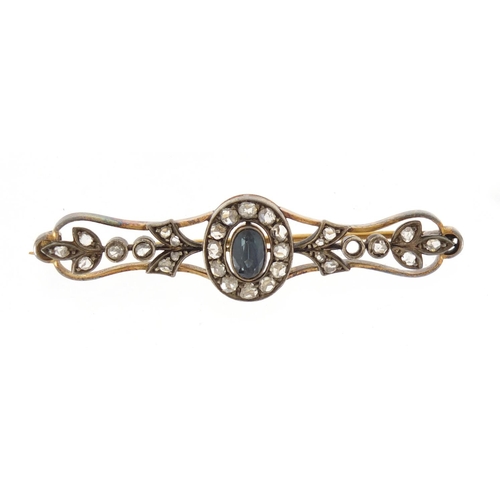 586 - Victorian unmarked gold green stone and diamond bar brooch, 5.7cm in length, approximate weight 8.0g... 