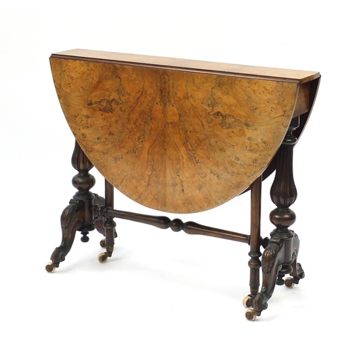 2015 - Good Victorian burr walnut Sutherland table, the oval top with quarter veneer on fluted legs, 73cm H... 