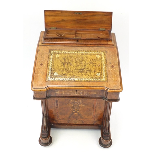 2032 - Victorian inlaid walnut davenport, the lift lid with tooled leather insert above a panel door, side ... 