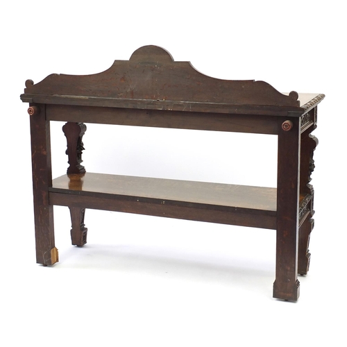 2106 - Oak two tier buffet with lion mask and leaf carvings, 112cm H x 137cm W x 45cm D