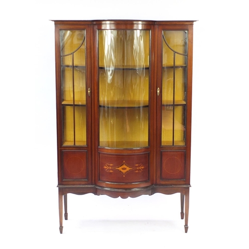 2046 - Edwardian inlaid mahogany bow front china cabinet, 172cm H x 113cm W x 47cm D