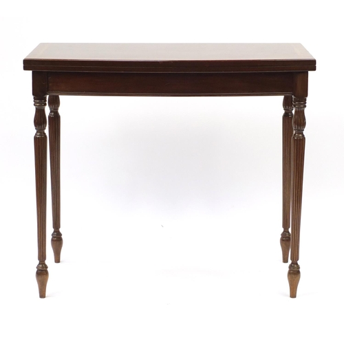 2121 - Inlaid mahogany folding card table with green insert, raised on fluted legs, 76cm H x 88cm W x 44cm ... 