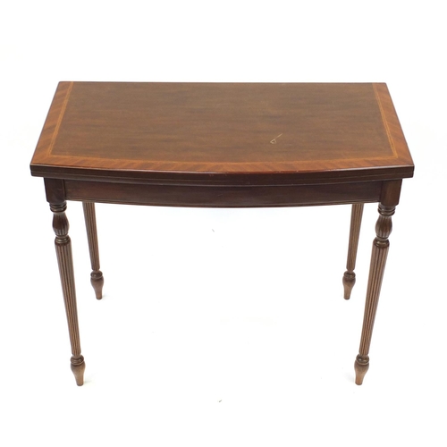 2121 - Inlaid mahogany folding card table with green insert, raised on fluted legs, 76cm H x 88cm W x 44cm ... 