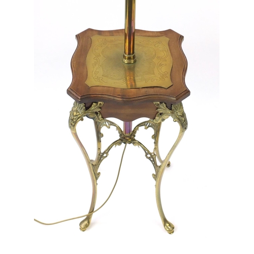2105 - Brass and mahogany table/telescopic standard lamp with shade