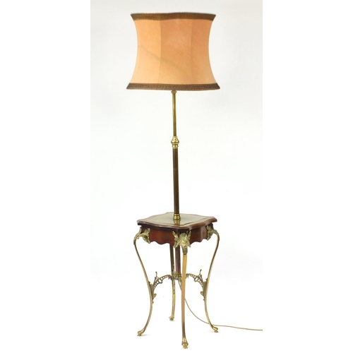 2105 - Brass and mahogany table/telescopic standard lamp with shade