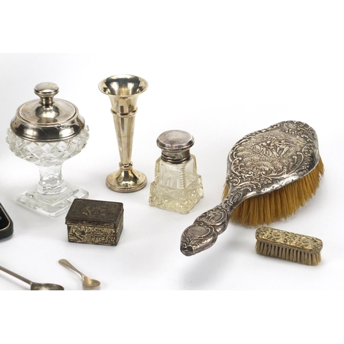 2539 - Silver and white metal items including set of six silver teaspoons, a clothes brush embossed with a ... 