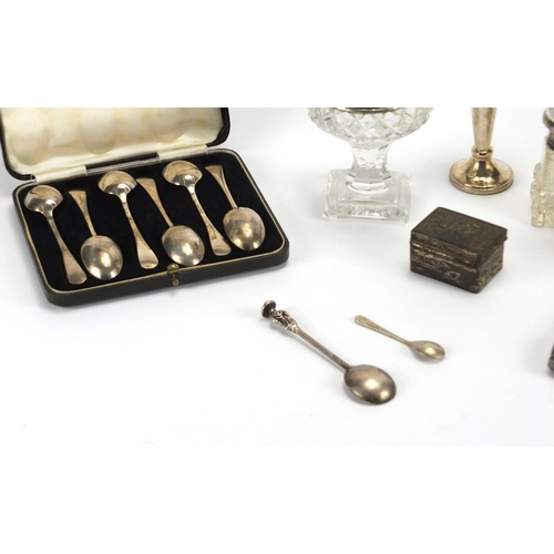 2539 - Silver and white metal items including set of six silver teaspoons, a clothes brush embossed with a ... 