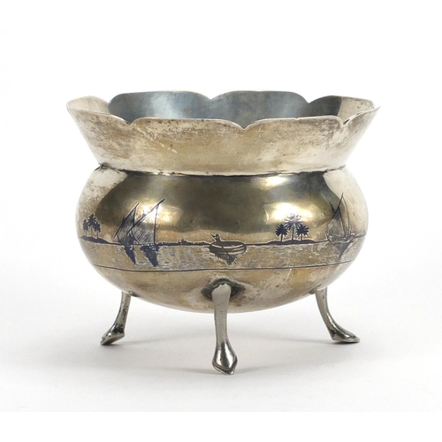 2531 - Egyptian unmarked silver niello work three footed bowl, 8cm high x 10.5cm in diameter, approximate w... 