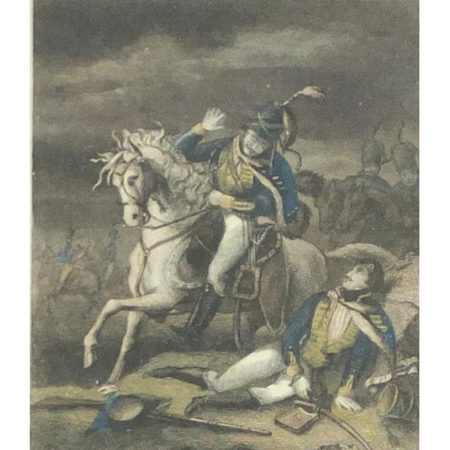 223 - Five antique coloured battle scene engravings, each mounted and framed, the largest 26cm x 20cm