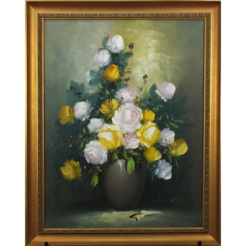 78 - Still life flowers in a vase, pair of oil on canvases, framed, 60cm x 45cm