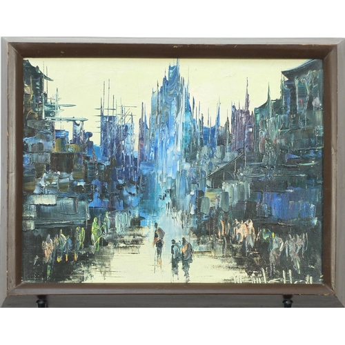 225 - Continental street scene, oil on canvas, bearing an indistinct signature, framed, 29cm x 22cm