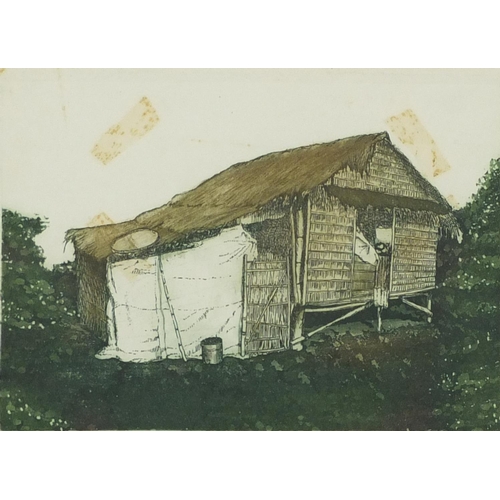 227 - Farm Building, coloured etching, pencil signed limited edition 12/50, bearing indistinct signature, ... 