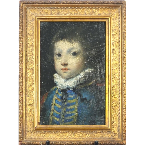 224 - Old Master style head and shoulders portrait of a young boy, oil on board, framed, 26cm x 16cm