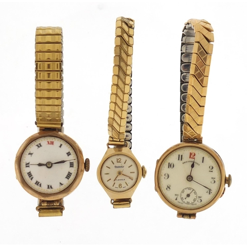 691 - Three ladies 9ct gold wristwatches including Dreadnought and Regency