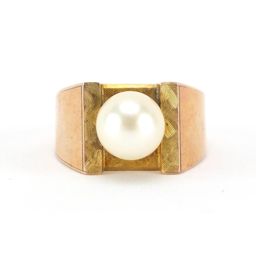 628 - Unmarked gold pearl ring, size I, approximate weight 4.7g