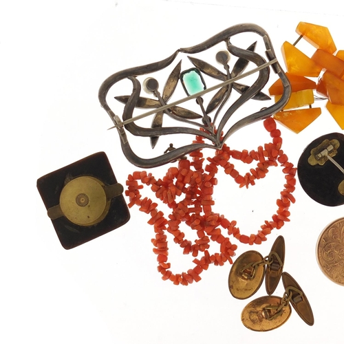 661 - Antique and  later jewellery including a Bakelite amber bracelet, piqué work brooch, large unmarked ... 