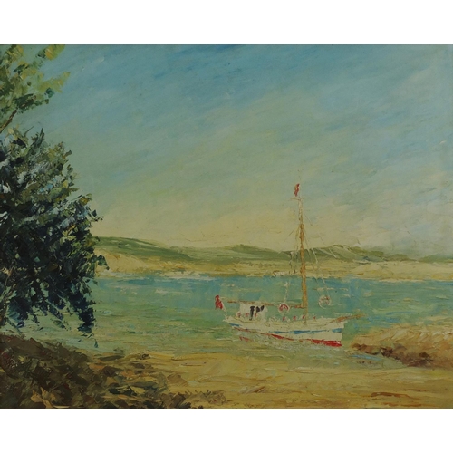 861 - Yacht on a beach, oil on canvas, framed, 60cm x 50cm
