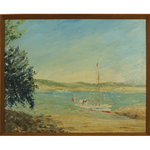 861 - Yacht on a beach, oil on canvas, framed, 60cm x 50cm