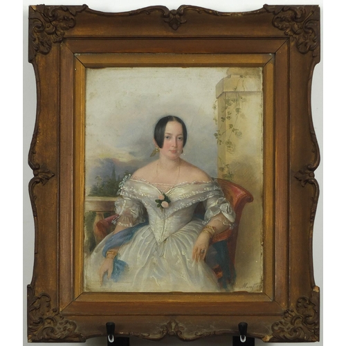 766 - Portrait of a young female sitting in a chair, 19th century oil on card, bearing a signature Maragto... 
