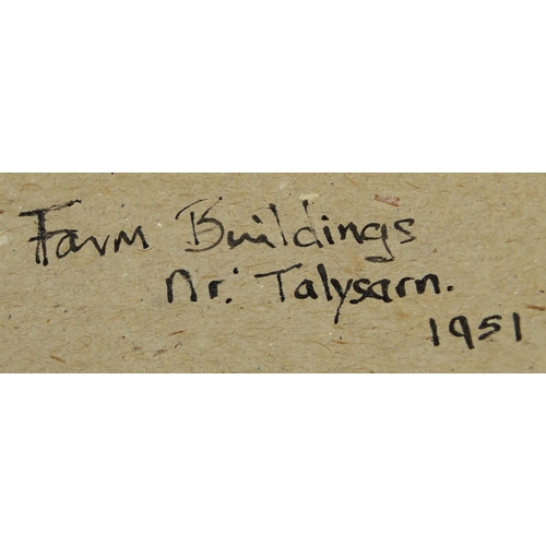 886 - Farm buildings near Talsarn 1951, oil on board, bearing a monogram KW and inscription verso, mounted... 