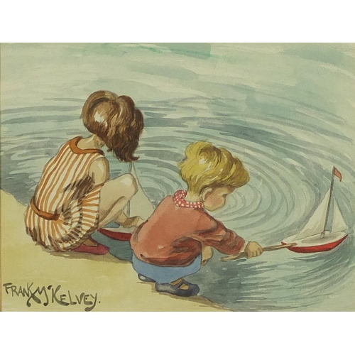 877 - Young children playing with boats, watercolour, bearing a signature Frank M'Kelvey, mounted and fram... 