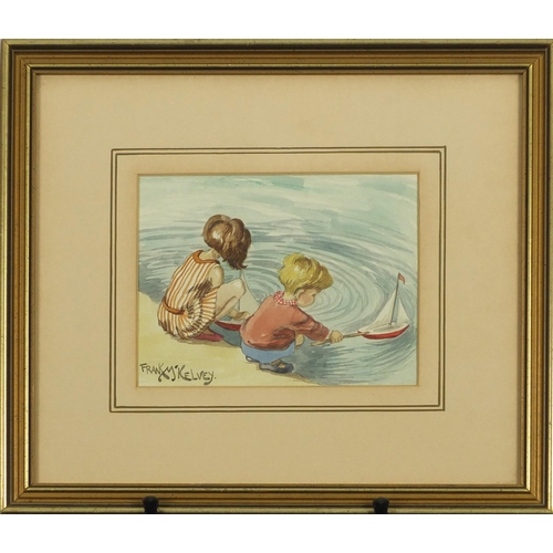 877 - Young children playing with boats, watercolour, bearing a signature Frank M'Kelvey, mounted and fram... 
