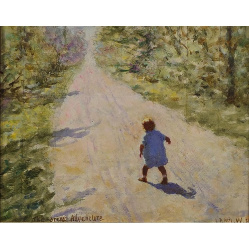 742 - Young child walking up a road, The Great Adventure, oil on canvas laid on board, bearing a monogram ... 