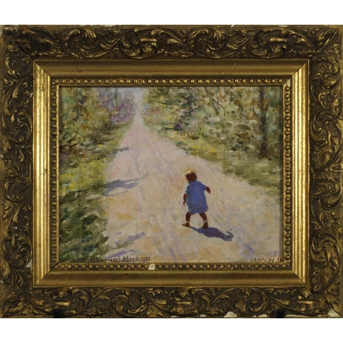 742 - Young child walking up a road, The Great Adventure, oil on canvas laid on board, bearing a monogram ... 