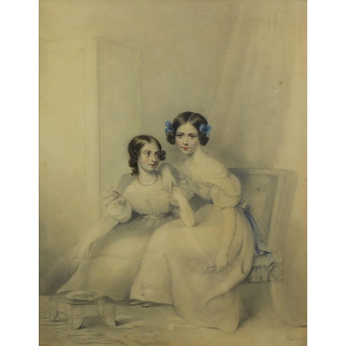 764 - Portrait of two young females in an interior, Late Georgian pencil and watercolour, bearing an indis... 