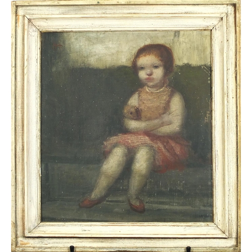 736 - Young female holding her dog, German school oil on canvas laid on board, label verso, framed, 39cm x... 