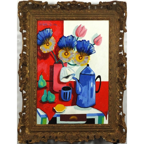 878 - Still life flowers and vessels, oil on canvas, bearing a signature Carlotta, framed, 43cm x 32cm