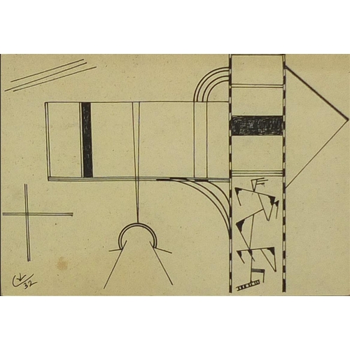 763 - Abstract composition, constructivist ink drawing, Russian school bearing a monogram, mounted and fra... 