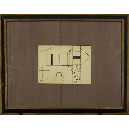 763 - Abstract composition, constructivist ink drawing, Russian school bearing a monogram, mounted and fra... 