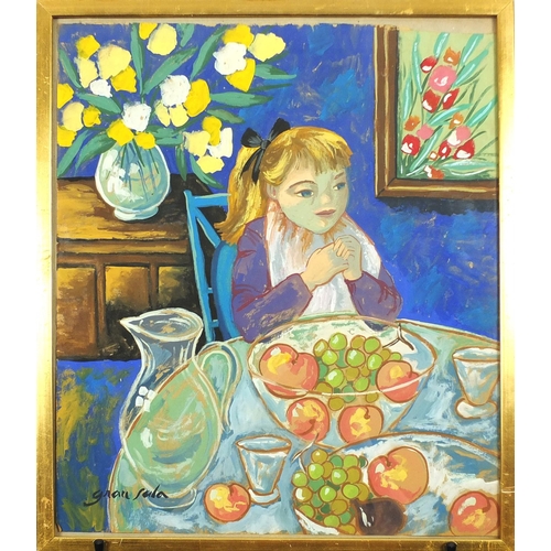 819 - Young female sitting at a dining table, gouache, bearing a signature possibly Grau Sala, framed, 45c... 