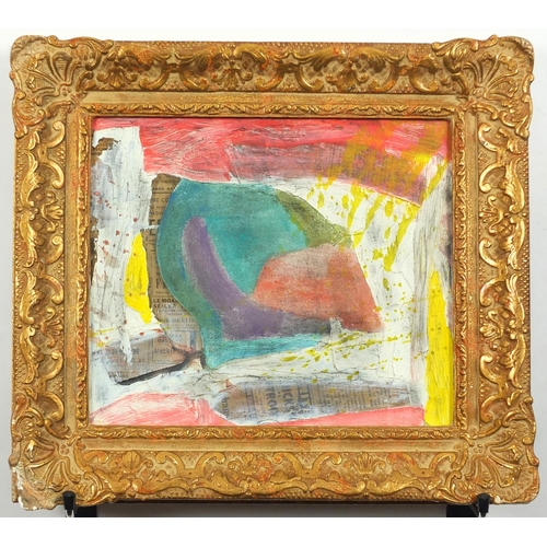 915 - Abstract composition, mixed media and collage, bearing an inscription verso, framed, 27cm x 23cm