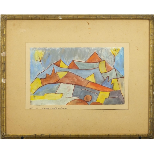 796 - Mountain landscape, watercolour on card, bearing a signature K Cee, dated 1923, with inscription, mo... 