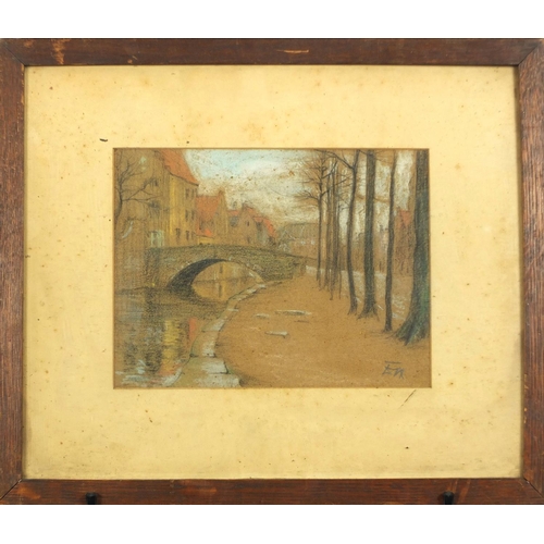 759 - Cityscape with canal, pastel, bearing an indistinct signature, mounted and framed, 26.5cm x 20cm